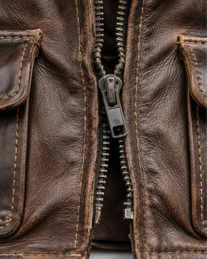 Blouson en cuir avec une fermeture éclair cassée